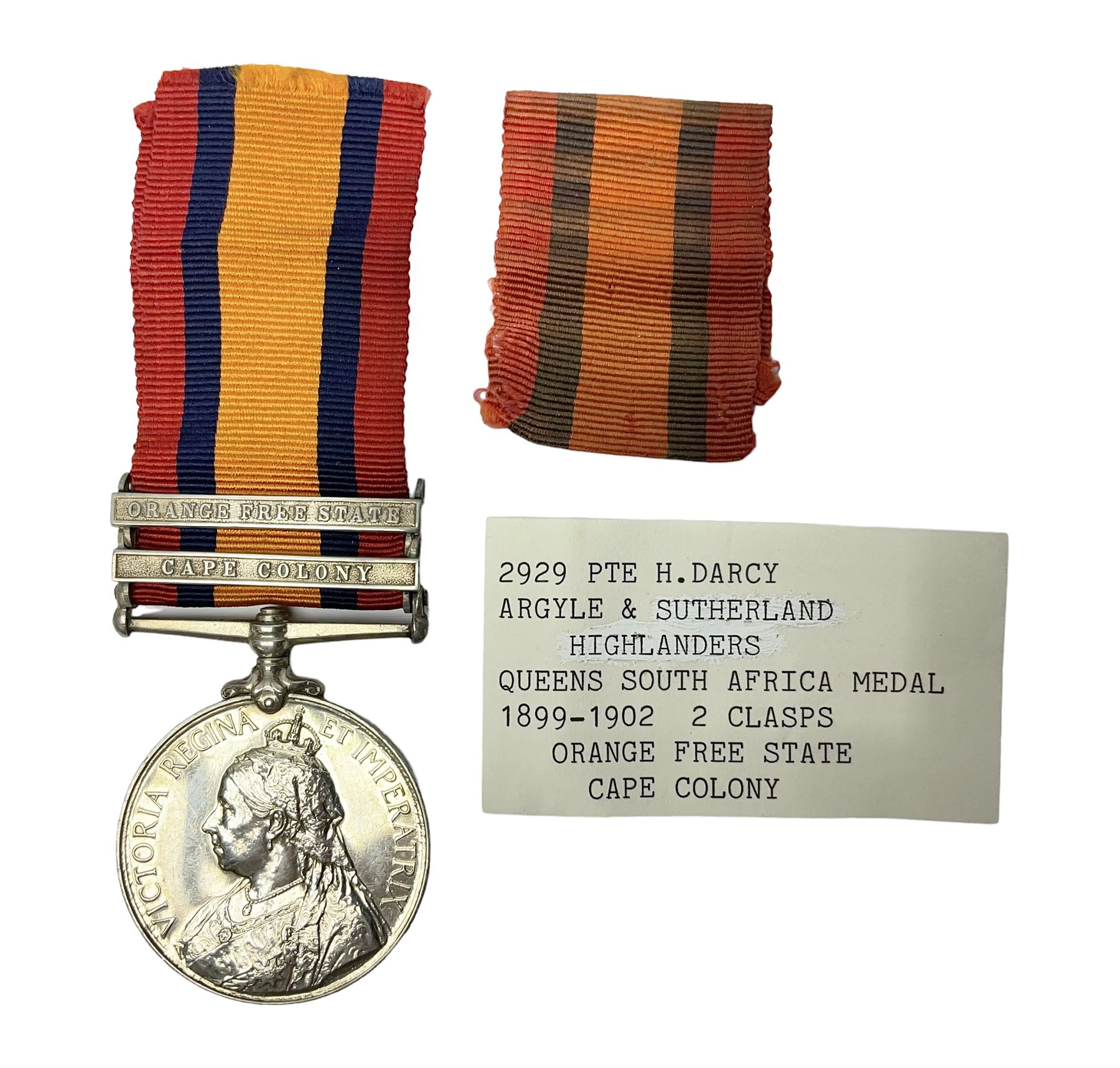 Victoria Queens South Africa Medal with Cape Colony and Orange Free State clasps awarded to 2929 Pte. H. Darcy Argyle and Sutherland Highlanders; with replacement ribbon and fragment of original.