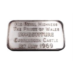 Three 20th century silver Royal commemorative bars/ingots, each marked 100 GMS Fine Silver and bearing the Prince of Wales emblem, each contained within a fitted case, and presentation box, with accompanying certificates, approximate total silver weight 9.72 ozt (302.2 grams)