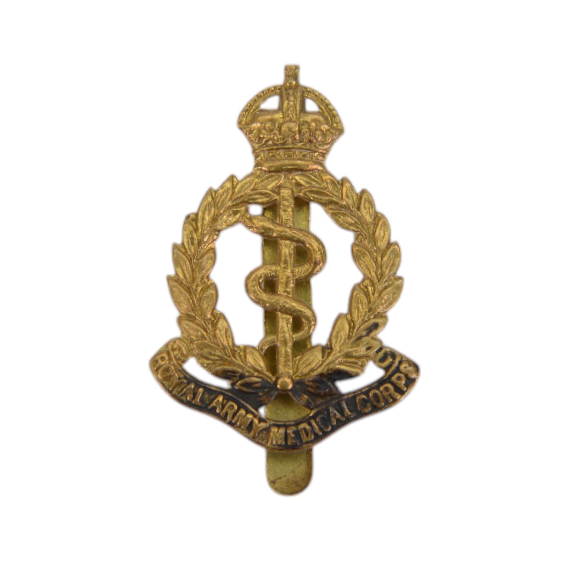 WWI trio of medals, comprising British War Medal, Victory Medal, 1914-15 Star with clasp, awarded to '1623 Pte W. Atkinson Royal Army Medical Corp, together with Royal Army Medical Corp cap badge 
