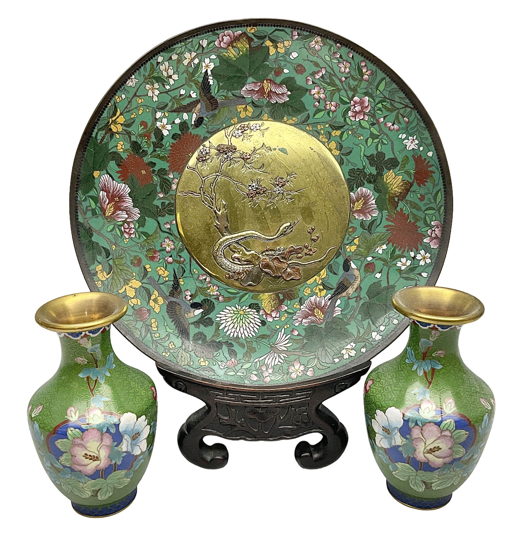 Cloisonné plate decorated with birds and flowers, together with a pair of Cloisonné vases of baluster form 