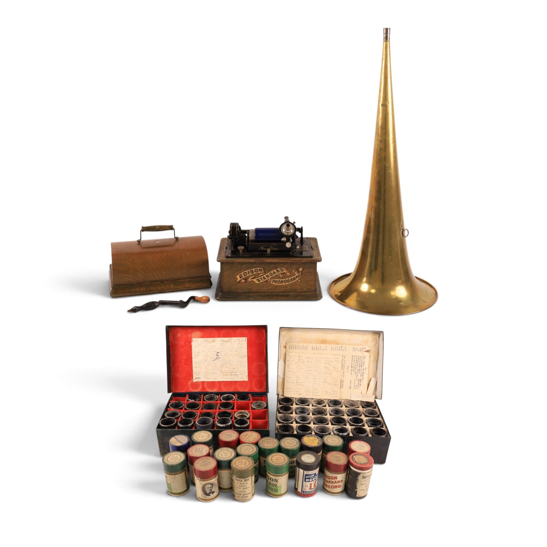 Early 20th century Edison Standard phonograph, in oak case, serial number S179930, together with a large brass phonograph horn and a collection of wax cylinders
