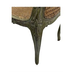 19th century French Louis XV-design armchair, carved and painted wood frame, caned back and seat with scrolled arms, supported by cabriole supports with acanthus leaf decoration