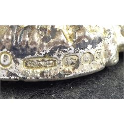 Christopher Nigel Lawrence limited edition silver and parcel gilt surprise mushroom, the textured domed cover opening to reveal two elves decorating a semi-precious gem set Christmas tree, upon a slate base, no 100/250, hallmarked Christopher Nigel Lawrence, London 1980, overall H9cm