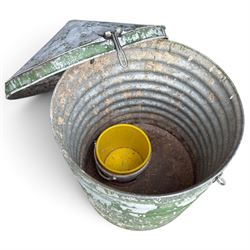 Galvanised storage drum with cover, of ribbed design in rustic green-painted finish