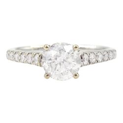 18ct white gold single stone round brilliant cut diamond ring, with diamond set shoulders, hallmarked, principal diamond approx 1.00 carat