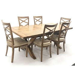  Barker & Stonehouse Frontier Range mango wood rectangular dining table, sabre supports (W210cm, H85cm, D100cm max) and set six dining chairs, upholstered seat, chamfered shaped supports (W49cm)  