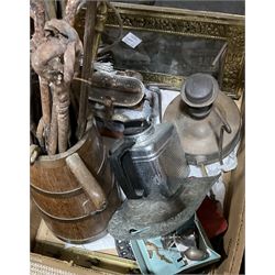 Quantity of brass and metal ware, to include copper kettles, fire companion equipment, iron scales, candlesticks, and a quantity of other metal ware and treen etc