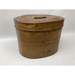 Victorian metal hat box, oval form, with a scumble wood-grained finish exterior and sky interior, H28cm