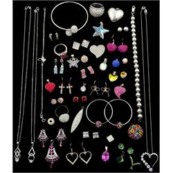 Collection of silver and silver stone set jewellery including necklaces, earrings, pendants, rings and a bangle, all stamped or tested
