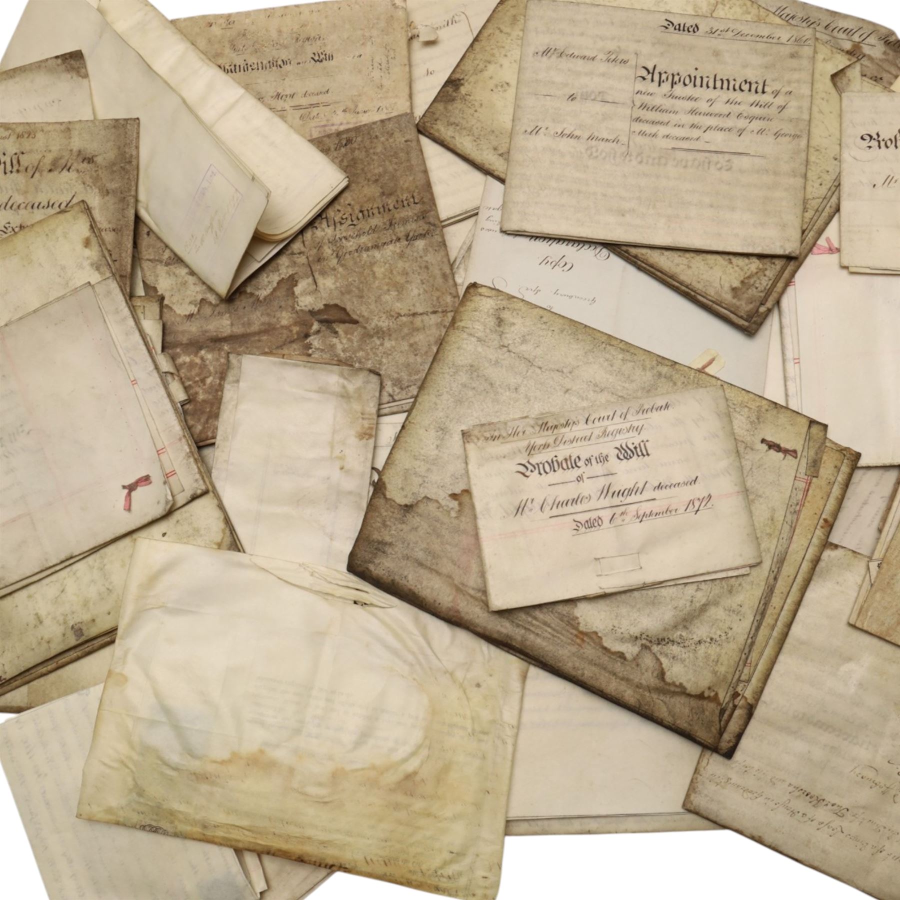 York interest - collection of 18th and 19th century vellum indentures, wills, probate documents and related papers concerning central York properties, streets and residents, including Micklegate, The Shambles, Bootham, Fishergate, Walmgate, Monkgate and Goodramgate, with probate of John Ealand, formerly of The Shambles, York, butcher, later of Swan Street, Nunnery Lane, probate of Roger Iddison of No.8 Portland Street, York, auctioneer, probate of Eliza Nottingham of Bootham Asylum, formerly of St Paul’s Square, together with documents relating to butchers, farmers, tradespeople and York families, many retaining original seals and stamps, in one box