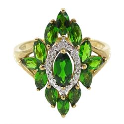 9ct gold green diopside garnet and diamond chip cluster ring, hallmarked