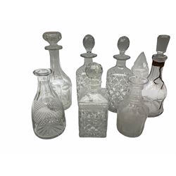 John Grinsell & Sons silver plated and glass claret jug, with maker's silver plate mark to underside of hinged cover, together with a selection of glass decanters, to include an early 19th century example with spire stopper. 