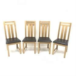  Set four solid oak dining chairs, leather upholstered seats, square supports, W46cm.  