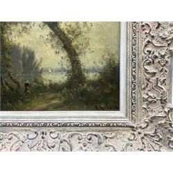 A Gillard (French 19th Century): Figure Foraging by a Shoreline, oil on canvas signed 25cm x 20cm 