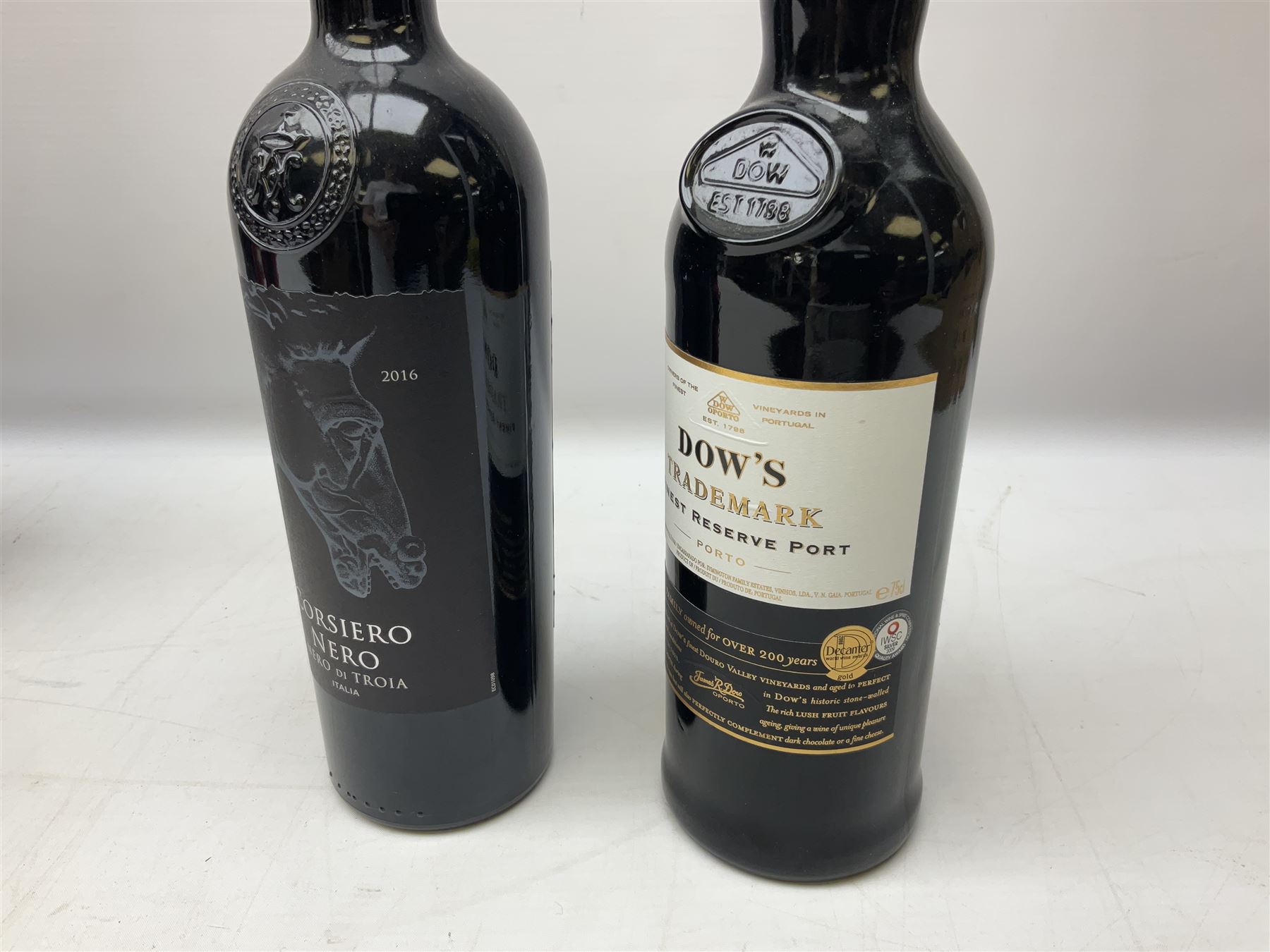 Dow's Trademark Finest Reserve Port, 75cl 20% vol, mixed red wines, two bottles Cuvee Du Vatican Cotes-du-Rhone Reserve de l'abbe 2016, 750ml 14%, Corsiero Nero Nero di Troia 750ml 13% vol and six others of various contents and proofs (9)