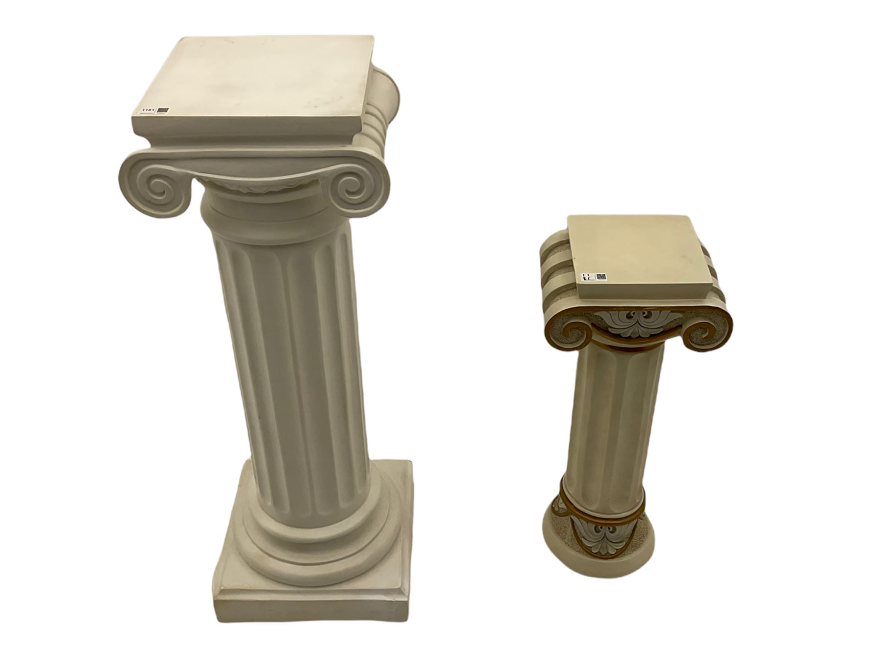 Classical Ionic style column in white finish with scrolled capital, fluted body on moulded plinth base (H97cm), and a similar small column stand (H68cm)
