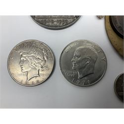 United States of America 1922 peace dollar, 1971 dollar coin, various commemorative crowns, commemorative medallions etc