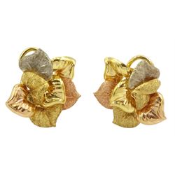 Pair of white, yellow and rose gold polished and textured leaf design stud earrings, stamped 750