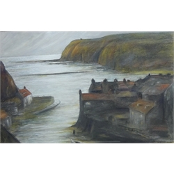  Staithes, 20th century oil on board signed by E C Clark 47cm x 59cm and View Looking out of Staithes, 19th century pastel dated 1895 unsinged 48cm x 73cm (2)  