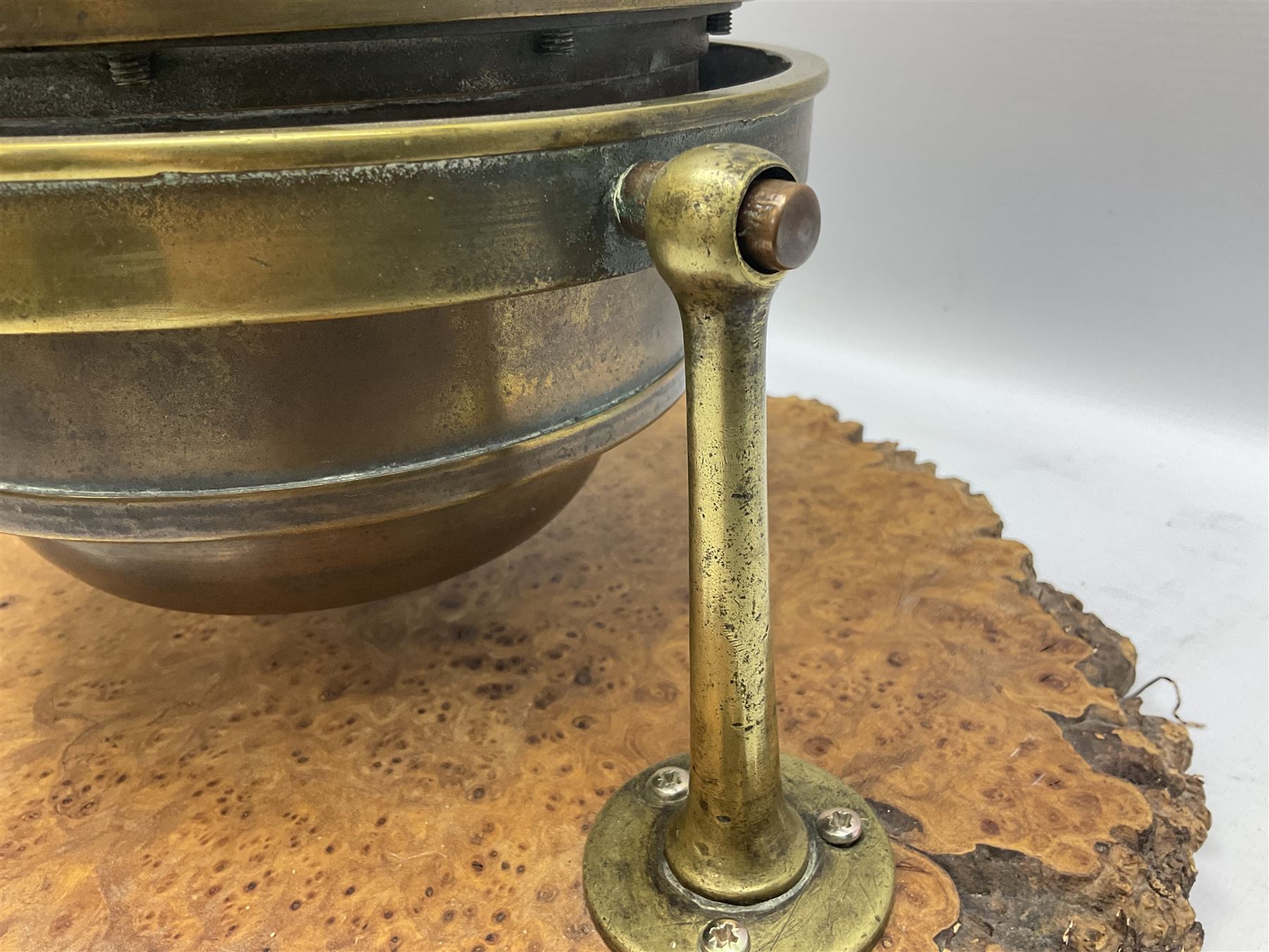 Sestrel brass cased ships gimbal mounted compass, fitted on a burrwood slab, serial no.5532, pat.no.586665 D19cm