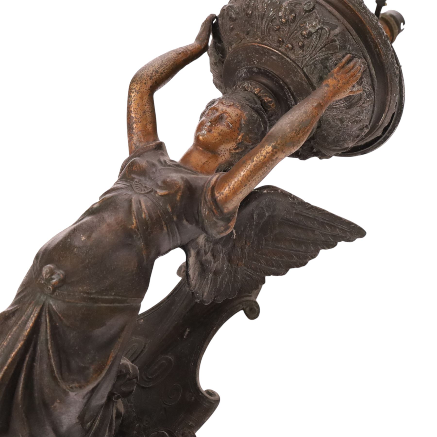 19th century wall sconce, the basket held aloft by a winged classical female upon a  moulded back plate, H63cm