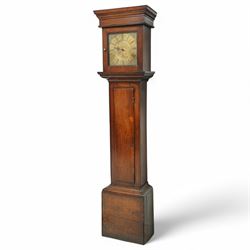 Barrett of Salop (Shrewsbury)-early 30hr provincial oak longcase clock c1730, with a flat topped hood and glazed square hood door beneath, long trunk door and a square plinth, brass dial with an engraved centre, makers name and date aperture, matching cast brass spandrels, single steel hand and engraved chapter with Roman numerals, half-hour markers and quarter-hour track, dial pinned directly to a chain driven count wheel striking movement, striking the hours on a bell. With weight and pendulum.  
