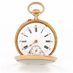 Early 20th century 18ct gold open face keyless lever fob watch by A. Bornand, Montreux, No. 6907, white dial with Roman numeral hour markers, sixty minute outer ring and subsidiary seconds dial, case with engraved foliate decoration and empty cartouche, stamped 18K with Helvetia hallmark