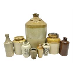 Large 2 gallon stoneware flagon, stamped 'John Soulby Wine Merchant Malton 2 Gall', together with a collection of similar stoneware jars and bottles, largest H40.5cm
