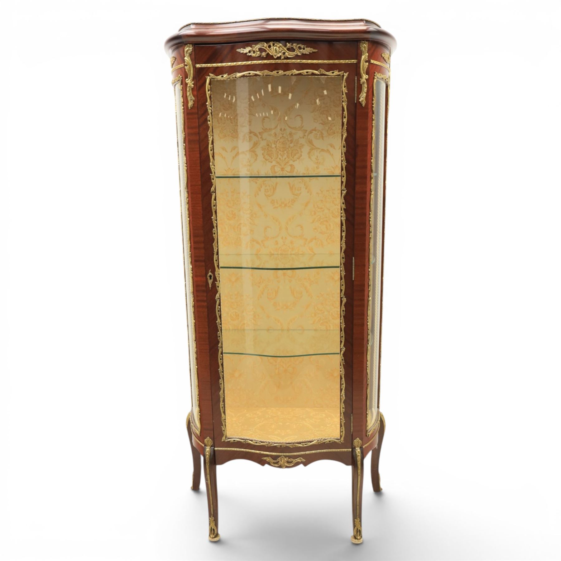French Louis XV design display vitrine cabinet, Kingswood with gilt mounted detailing, damask fabric interior with three glass shelves, raised on cabriole supports