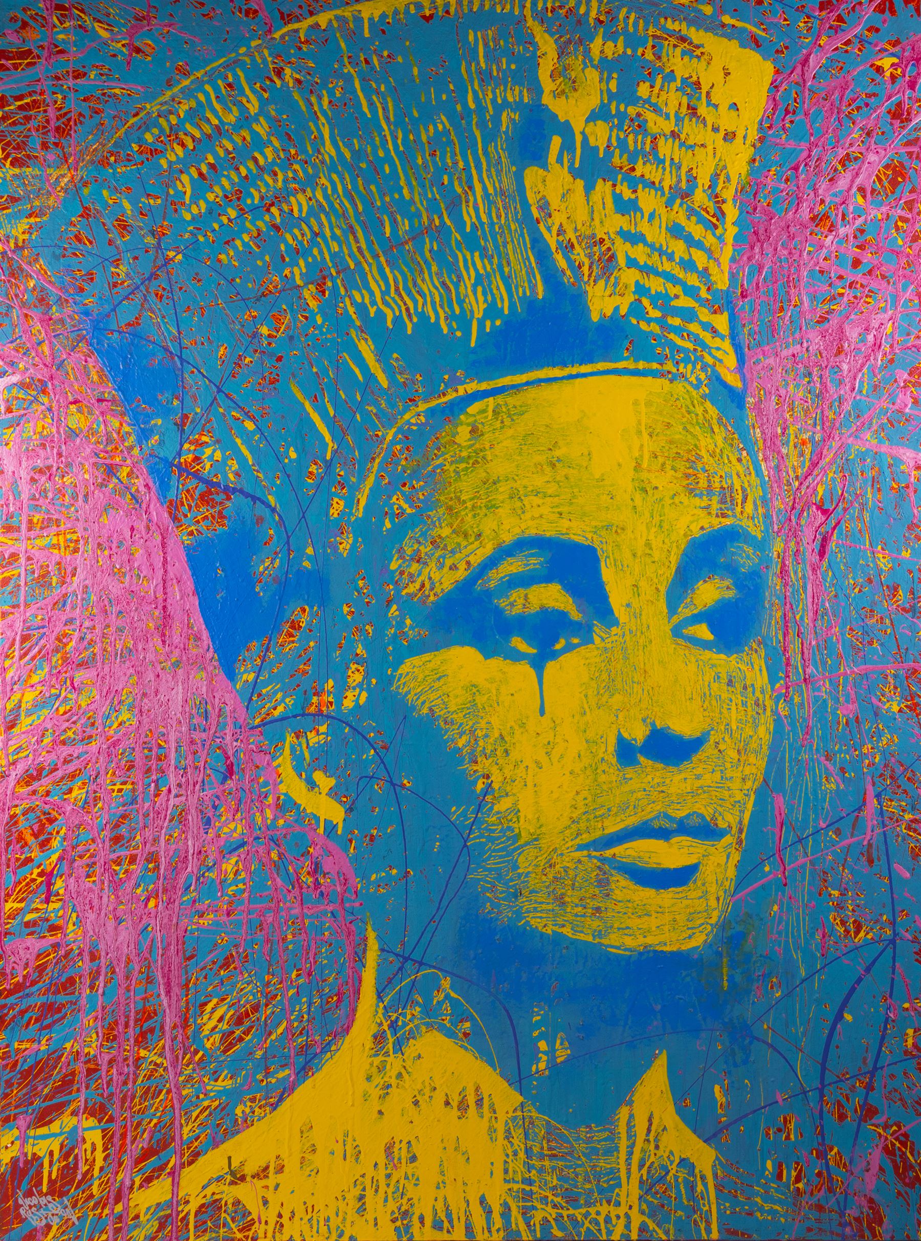 Nicolas Ruston (British 1975-): Portrait of a Regal Figure, masonry paint on wood panel signed and dated '00, 122cm x 92cm (unframed)