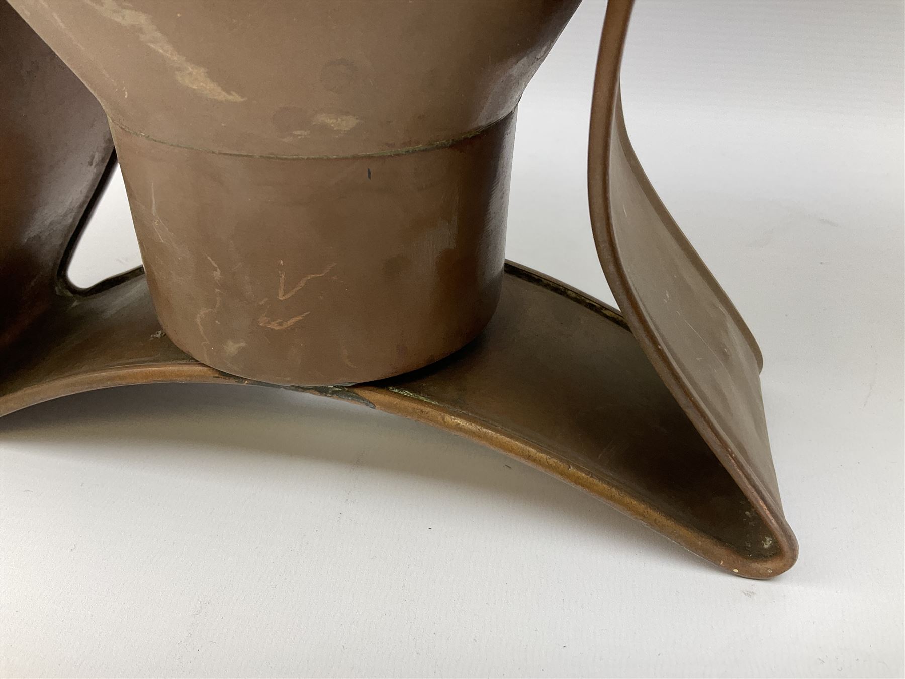 Agricultural copper corn funnel, H32.5cm, another similar copper funnel and copper warming platter of oval form, with twin handles on four supports, with removeable warming plate, L49cm