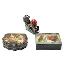 Modern  Russian lacquer box decorated with a Winter landscape, another in the form of a Tr...