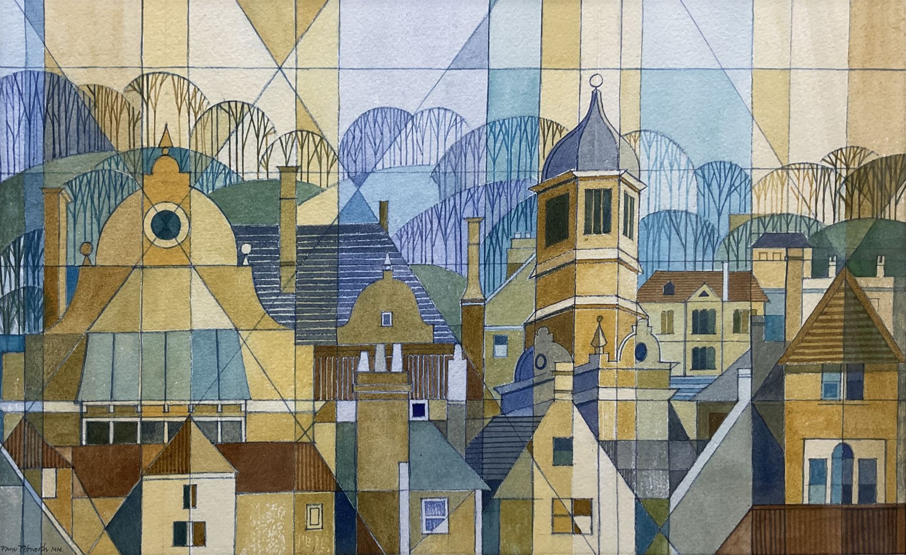 Pam Pebworth (British 1931-2019): Geometric 'Townscape', watercolour signed and dated 2000, 30cm x 49cm