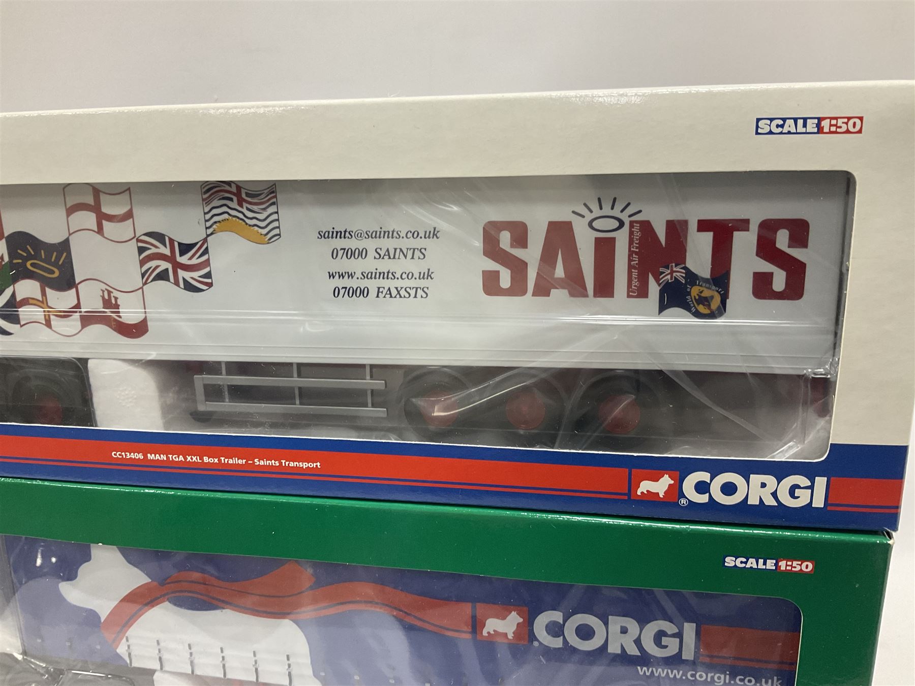 Corgi - three 'Hauliers of Renown' limited edition 1:50 scale heavy haulage vehicles comprising CC13803 Mercedes-Benz Actros Curtainside Robert Summers Transport Limited; and CC13406 MAN TGA XXL Box Trailer Saints Transport; all boxed (3)