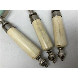 Magnifying glass, letter opener and shoe horn set, with bone handles and silver plated finials 