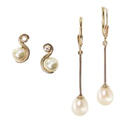 Pair of gold pearl and diamond stud earrings, and one other pair, both 9ct