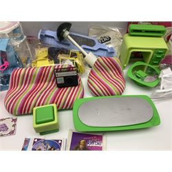 Barbie - collection of 1980s accessories including furniture and outside effects, Fluff the kitten, baby's high chair, playset and nursery items, groceries, crockery, pots and pans, homewares, television, 1985 Annual, transistor radio etc; all unboxed