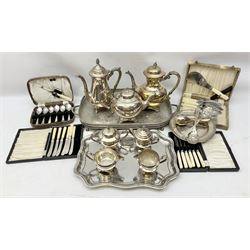 Oneida three piece silver plated tea service, together  with a coffee pot twin handled service tray, cased flatware etc 