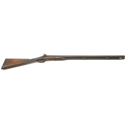 19th century 16-bore muzzle loading, percussion cap, side-by-side double barrel shotgun, with walnut stock, chased action with indistinct makers name and 74cm damascus barrels with under barrel ramrod L116cm overall