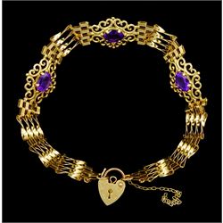 9ct gold three stone oval amethyst gate bracelet, with heart padlock clasp, stamped 375