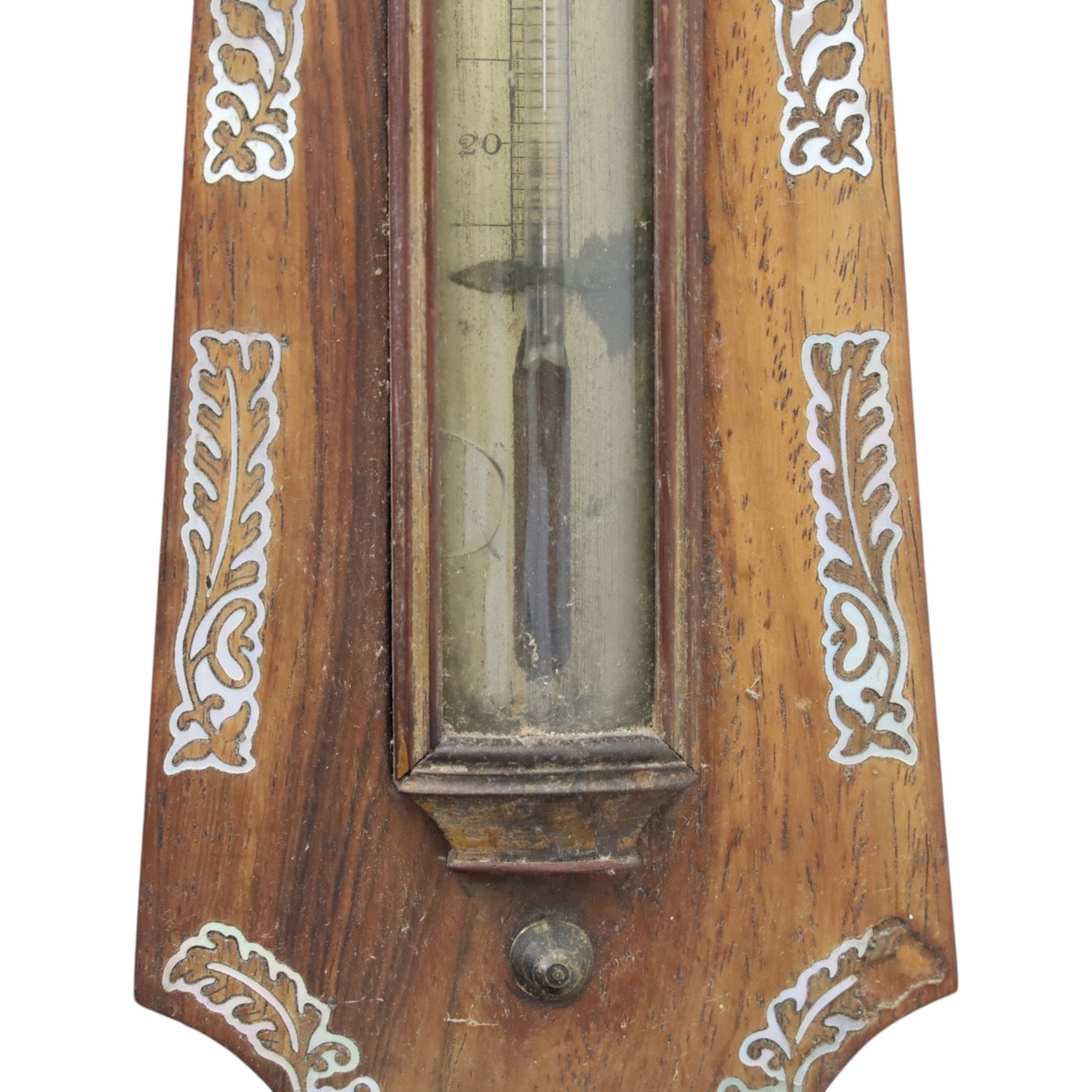 Three wheel barometers, a mother of pearl inlaid mahogany case, swan neck pediment, thermometer and circular dial, H 92cm, the second Sheraton Revival style with floral inlay, swan neck pediment, thermometer and circular dial, H 102cm, the third Sheraton Revival style, H 95cm (3)