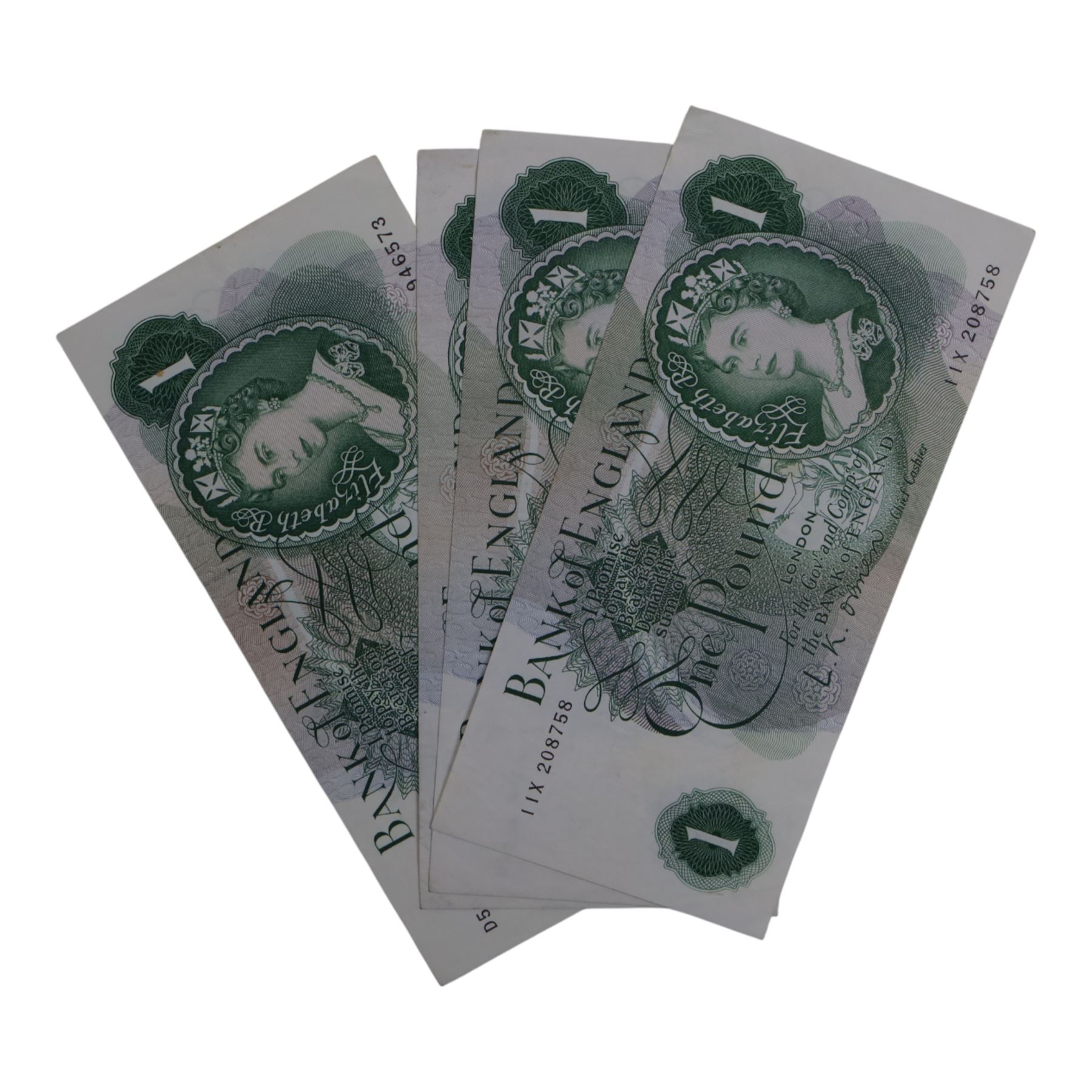 Large quantity of Queen Elizabeth II one pound notes, and five ten shilling notes