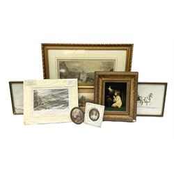 English School (19th century): Child Praying, oil on panel unsigned together with a portrait miniature, miniature still life, 3 19th century landscape prints and two others max 17cm x 24cm (8)