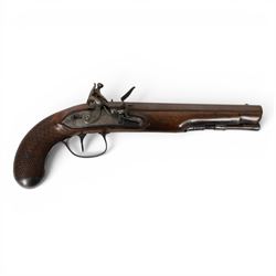 19th century British flintlock pistol by Tatham and Egg, with 21cms Damascus steel sighted barrel with original browning, marked along the top Tatham and Egg London, ramrod beneath, tang and trigger guard engraved with floral scrolls, figured walnut stock with chequered grip and steal butt plate, together with Dixon & Sons Sheffield, three way pistol powder flask, pistol overall L34cm