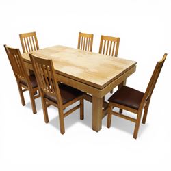 Late 20th century solid light oak refectory style dining table, rectangular top raised on square supports united by stretcher (W180cm D100cm H81cm); Set of six light oak high-back dining chairs with burgundy leather seats (W49cm H109cm)