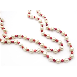  Long red and white freshwater pearl necklace, 156cm  