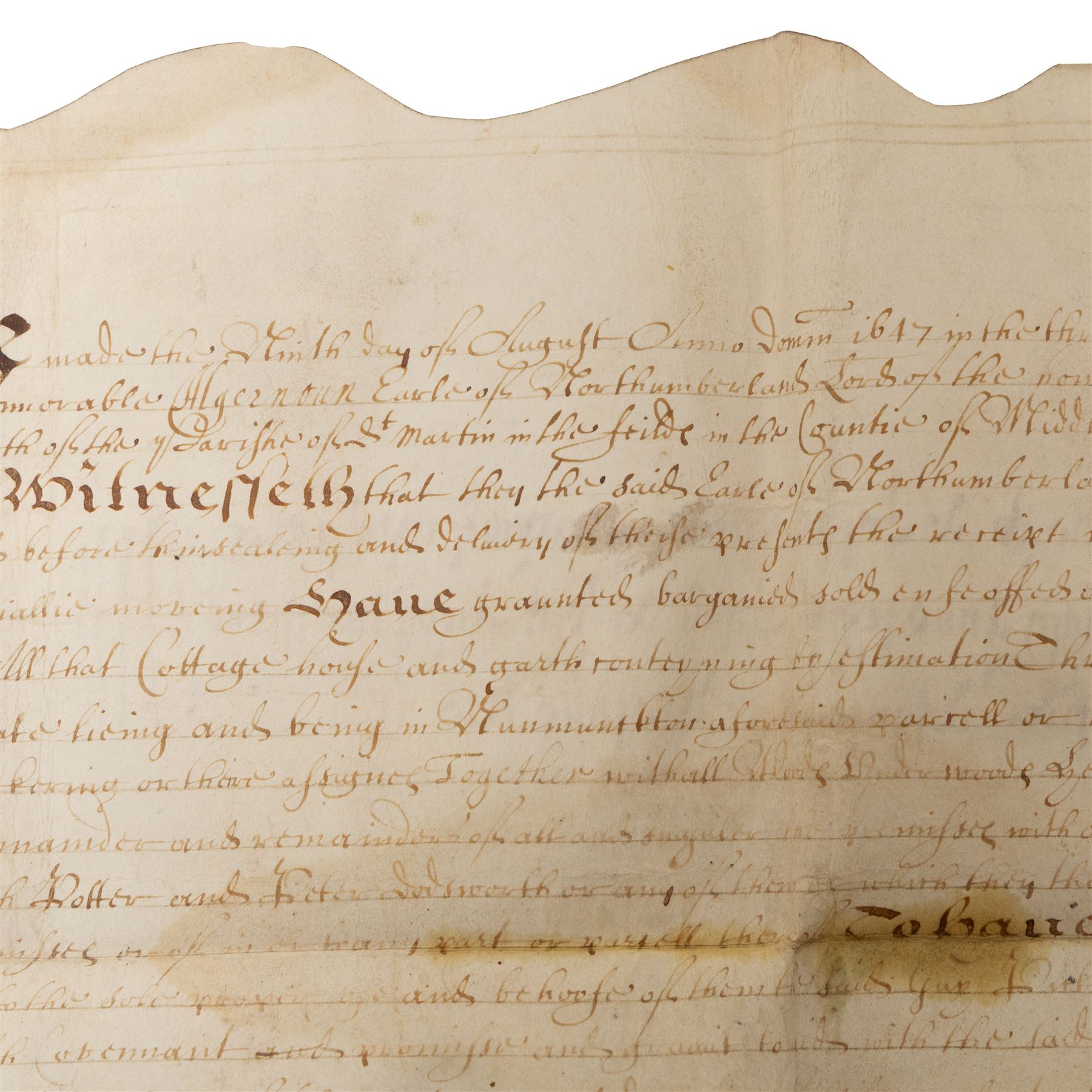 Algernon Percy, 10th Earl of Northumberland: English Civil War period vellum indenture, dated 16 August 1647, between Algernon Percy, Earl of Northumberland and Elizabeth, Countess of Northumberland, relating to a cottage, garth and lands at Hunmanby, Yorkshire, granted to Guy Pickering and Robert Pickering, with reference to Hugh Potter and Peter Dodsworth, manuscript on vellum with decorative initial, pendant seal tag and signatures/witnesses verso

Notes:
Algernon Percy, 10th Earl of Northumberland (1602-1668), was Lord High Admiral to Charles I and later a leading moderate Parliamentarian during the English Civil War. Dated August 1647, this indenture was executed in the aftermath of the First Civil War, while Percy was closely involved in Parliamentary government and in the custody of the King’s younger children. The document concerns property at Hunmanby, Yorkshire, and includes reference to tenure connected with the Crown and King Henry VIII