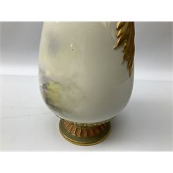 Early 20th century Royal Worcester vase decorated by Harry Davis, of ovoid form with twin acanthus mounted handles and waisted high neck supporting a domed cover, upon a circular foot, the body hand painted with sheep in a highland landscape, signed H Davis, with puce printed marks beneath including shape number 2425, and date code for 1907, H27.5cm