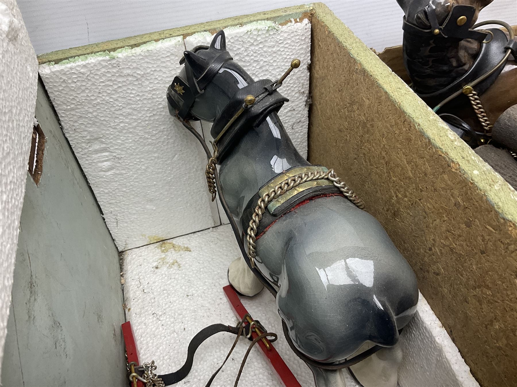 Melba Ware Shire horse figure and two similar, and four wood carts