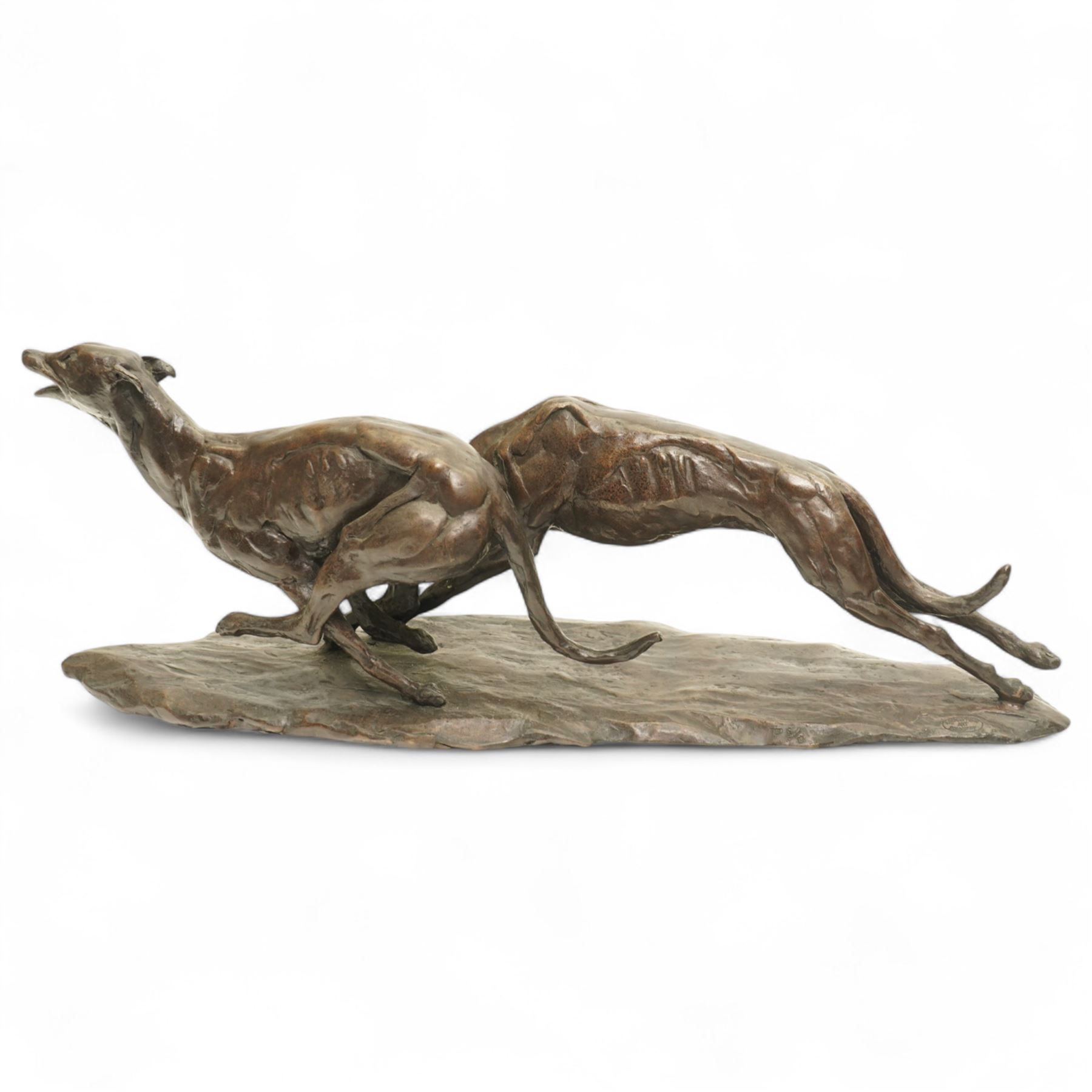 Tessa Pullan (British 1953-): 'Racing Greyhounds', patinated bronze figure, incised with monogram 'TP' and numbered 5/9, with Livingstone Art Founders stamp, W52cm